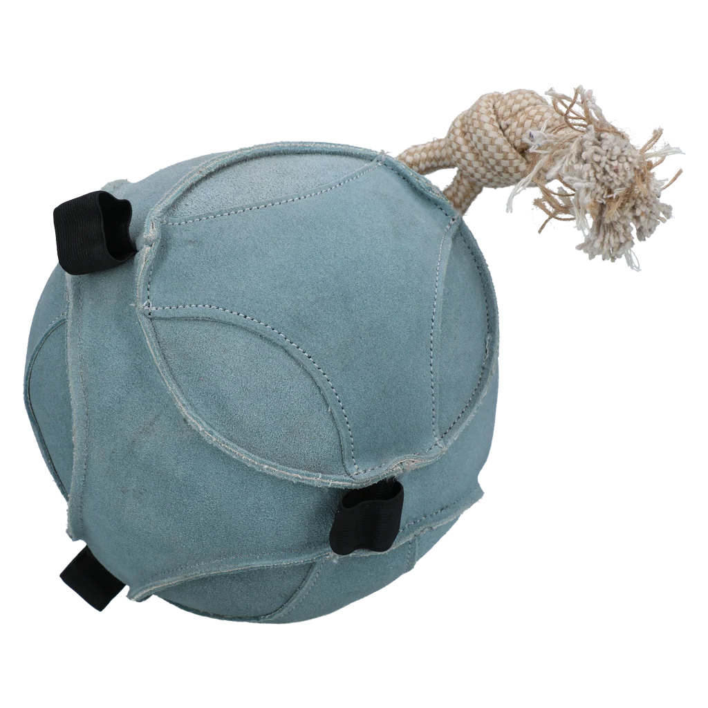 Minge de joacă pentru cai din piele întoarsă, cu bucle pentru gustări, albastră – Excellent Horse Fun Play Ball Suede - imagine 1