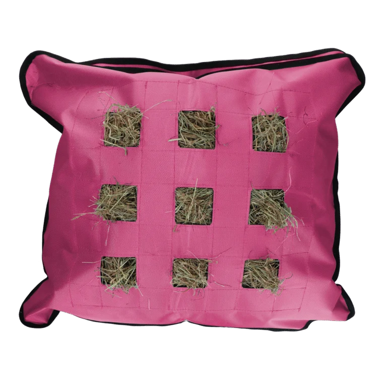 Sac pentru fân pentru cai, pătrat, roz, 62 x 55 cm – Excellent Horse Hay Pillow Slow Feeder