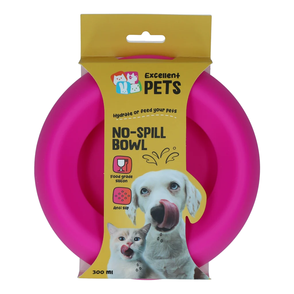 Bol pentru hrană și apă pentru câini, din silicon, cu margine anti-vărsare, 300 ml, roz – Excellent Pets No-Spill Bowl - imagine 1