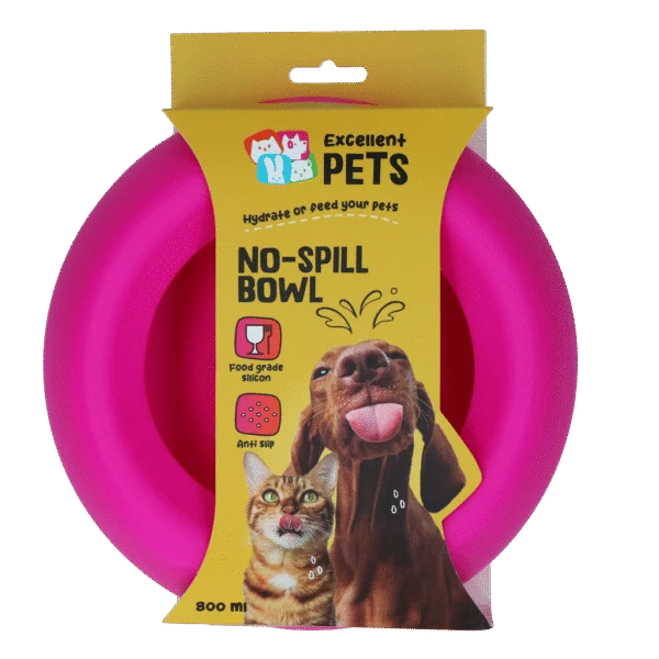 Bol din silicon pentru hrană și apă, pentru câini, cu margine anti vărsare, 800 ml, roz – Excellent Pets No-Spill Bowl