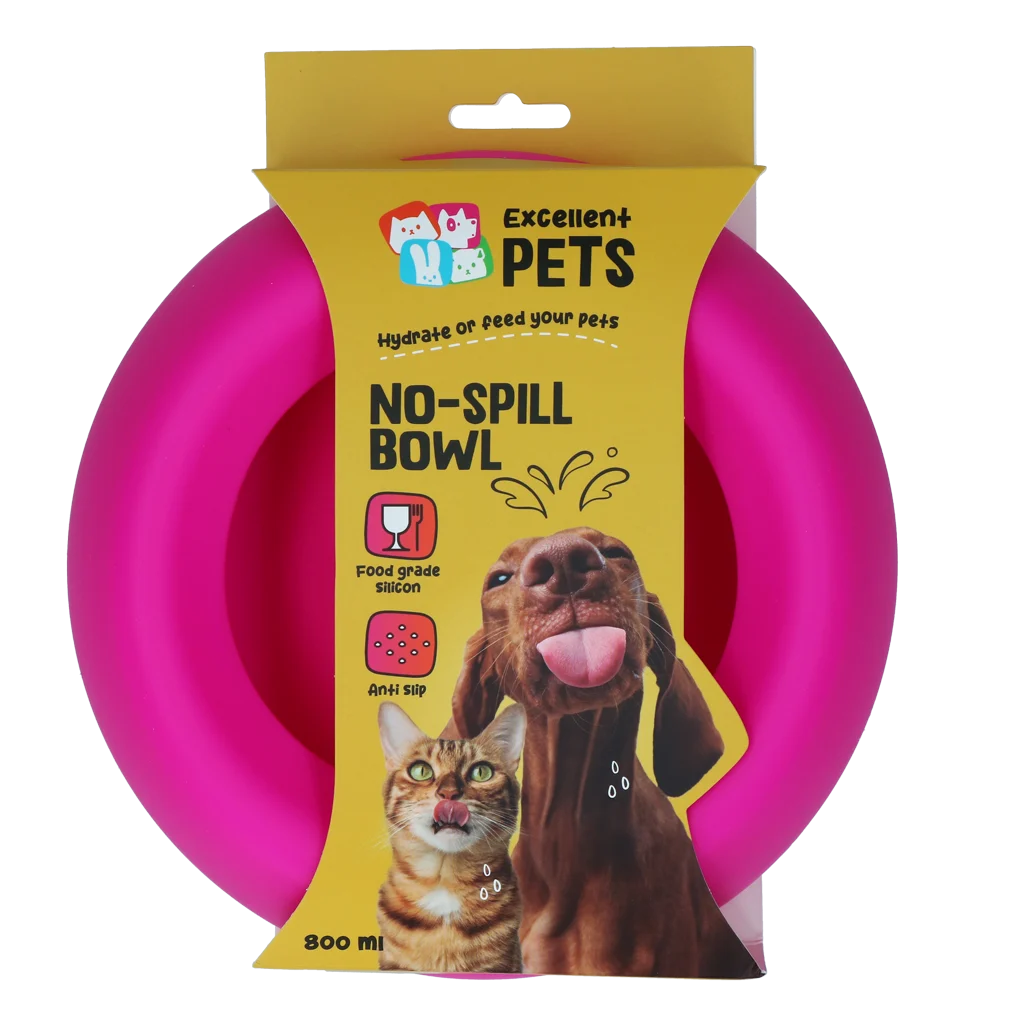 Bol din silicon pentru hrană și apă, pentru câini, cu margine anti vărsare, 800 ml, roz – Excellent Pets No-Spill Bowl - imagine 1