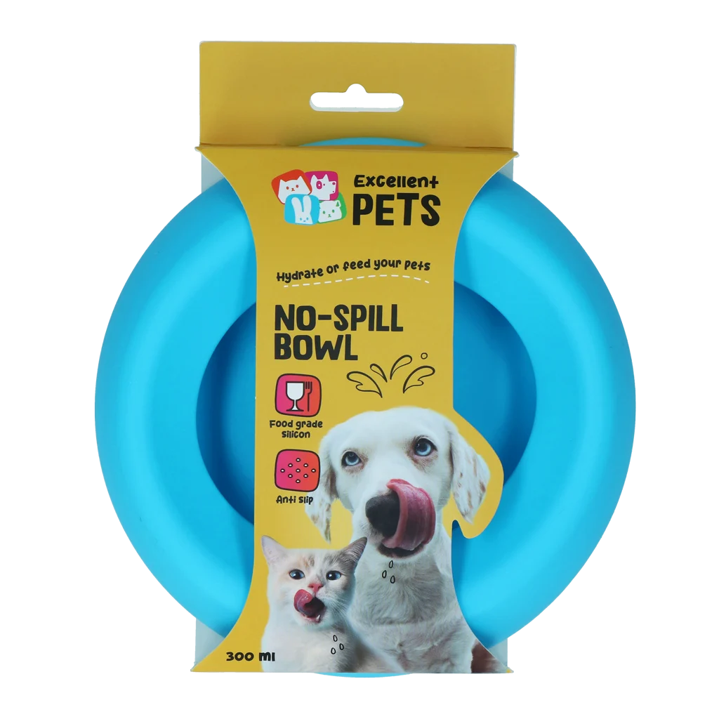 Bol pentru hrană și apă pentru câini, din silicon, cu margine anti-vărsare, 300 ml, albastru – Excellent Pets No-Spill Bowl - imagine 1