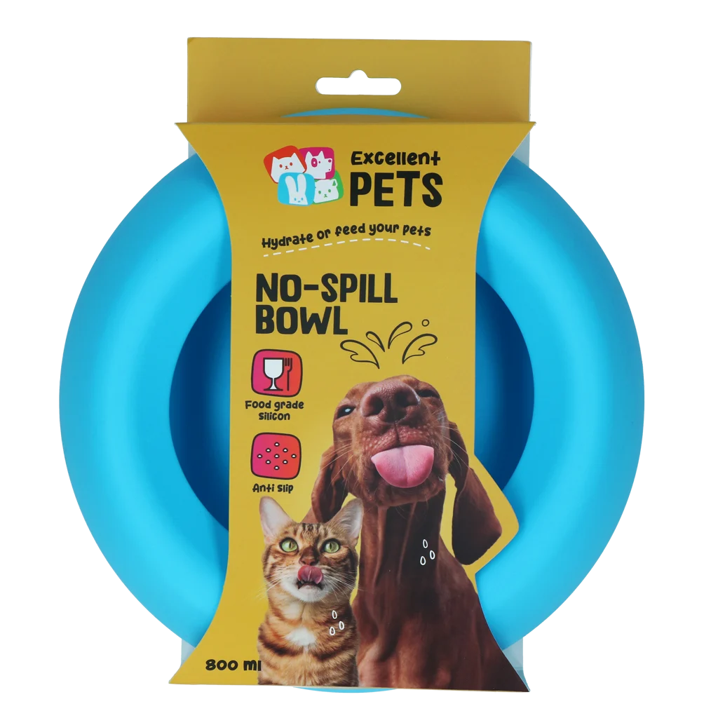 Bol pentru hrană și apă pentru câini, din silicon, cu margine anti-vărsare, 800 ml, albastru – Excellent Pets No-Spill Bowl - imagine 1