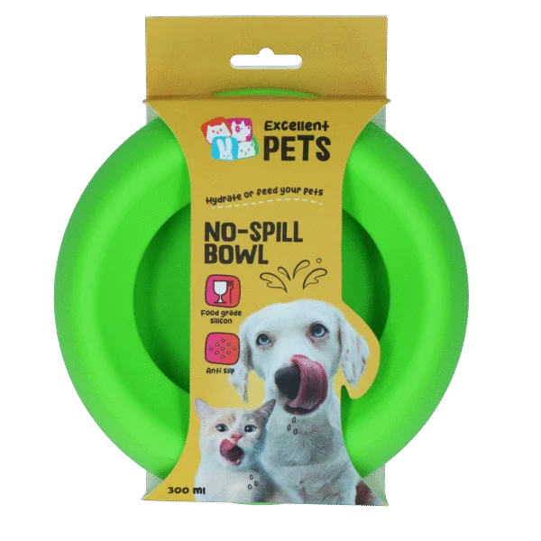 Bol pentru hrană și apă pentru câini, din silicon, cu margine antiîmprăștiere, 300 ml, verde – Excellent Pets No-Spill Bowl