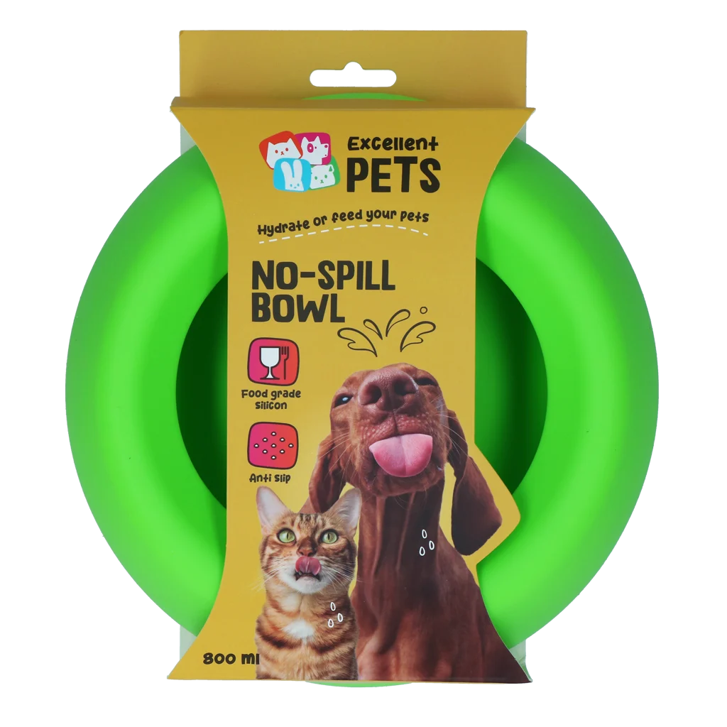 Bol pentru hrană și apă pentru câini, din silicon, cu margine anti vărsare, 800 ml, verde – Excellent Pets No-Spill Bowl - imagine 1