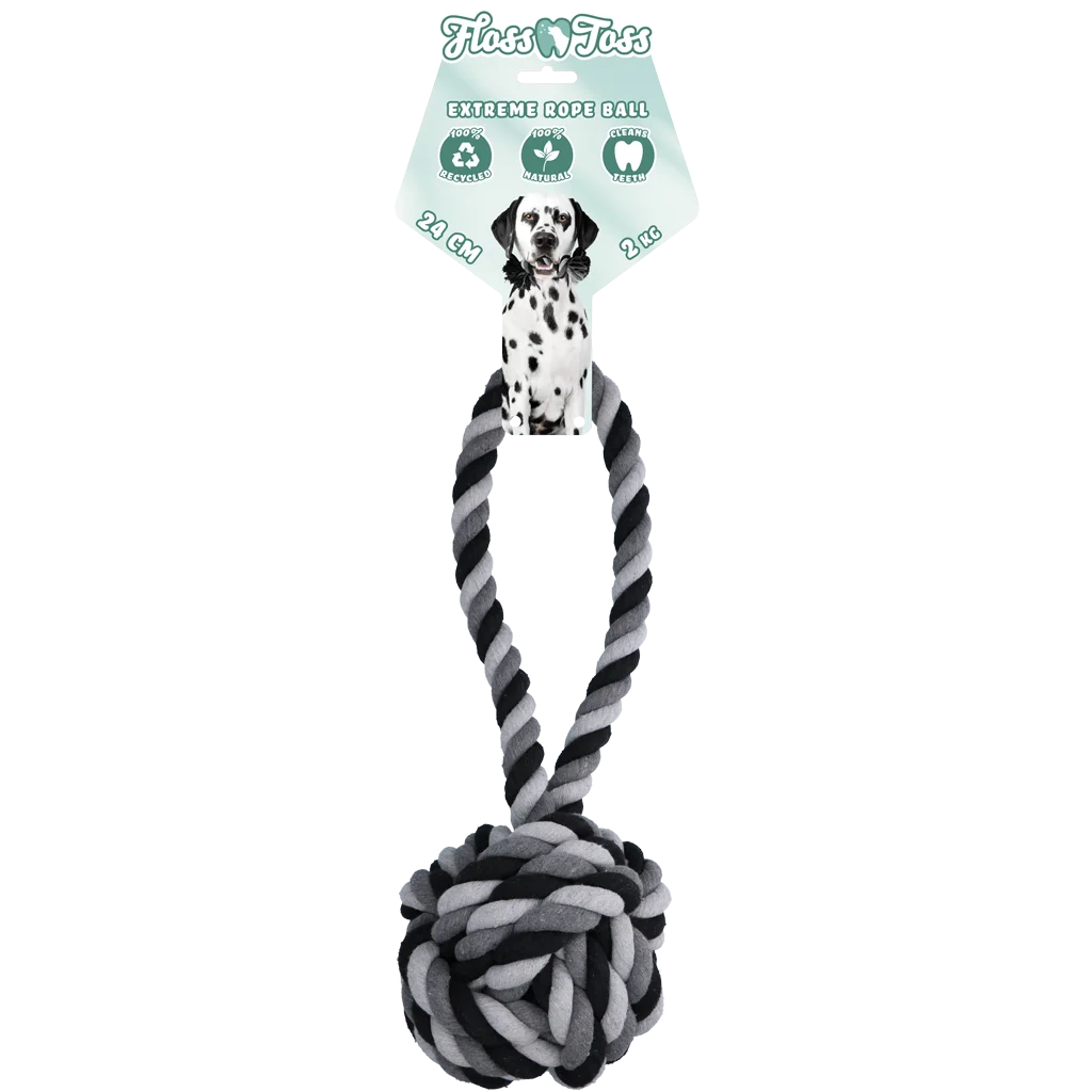Frânghie pentru câini din bumbac cu minge, 60 cm – Floss Toss Natural Dental Ropes Dental Rope Exteme Tug and Ball - imagine 1