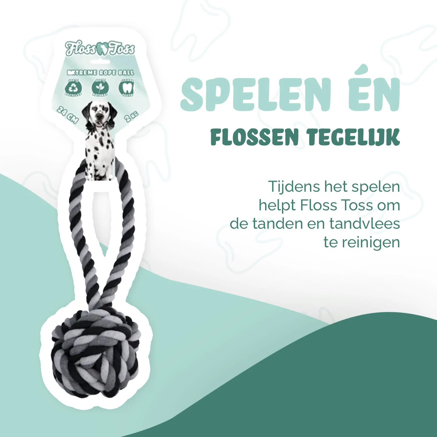 Frânghie pentru câini din bumbac cu minge, 60 cm – Floss Toss Natural Dental Ropes Dental Rope Exteme Tug and Ball - imagine 2