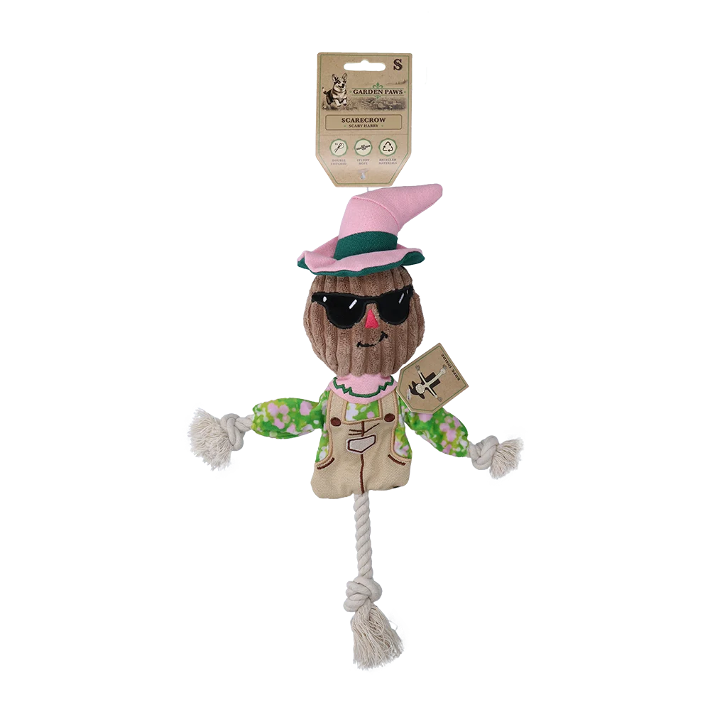 Jucărie de tras în formă de sperietoare de ciori, cu corp foșnitor și frânghie – Garden Paws Scarecrow Scary Harry S - imagine 1