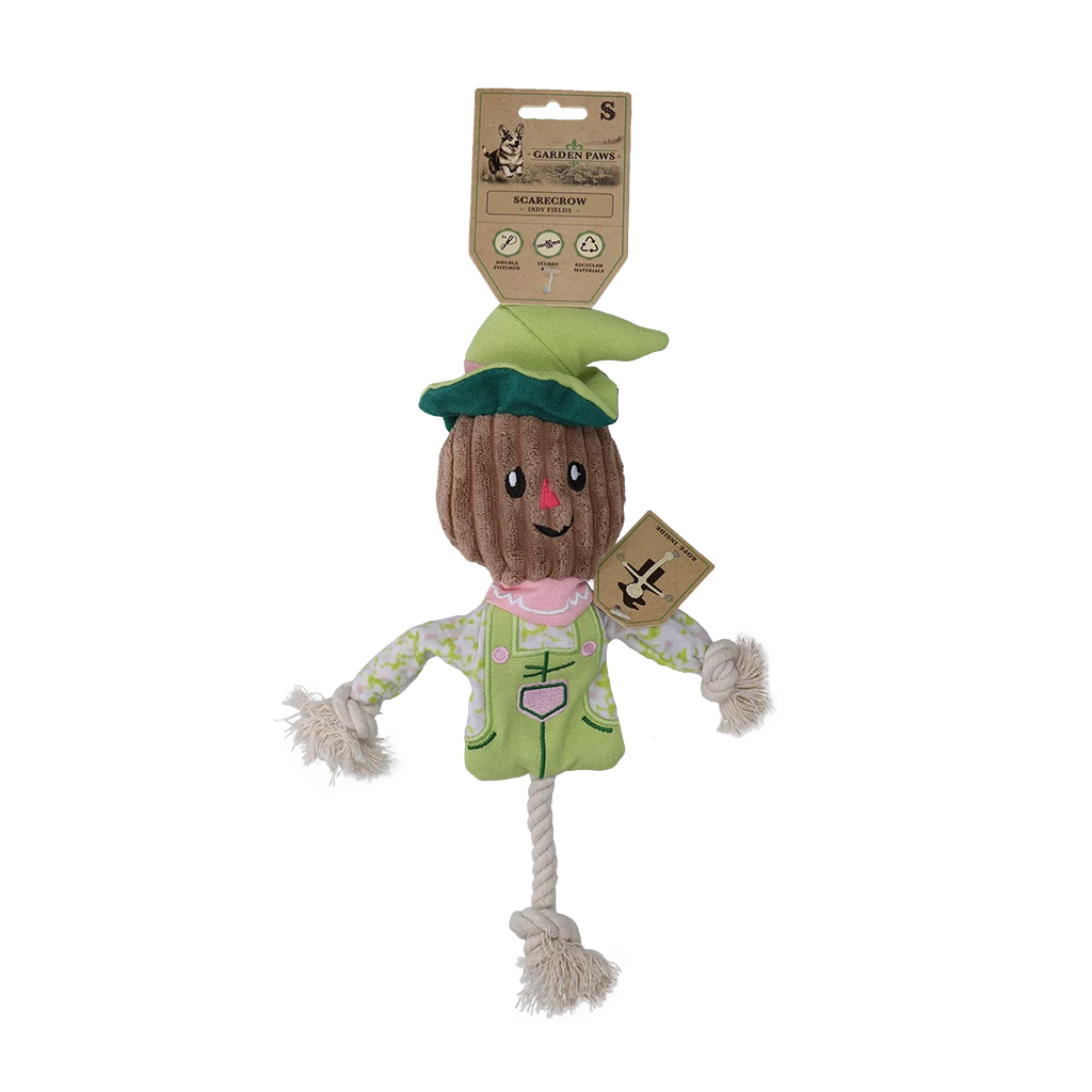 Jucărie de tras în formă de sperietoare, cu corp foșnitor și frânghie – Garden Paws Scarecrow Indy Fields S - imagine 1