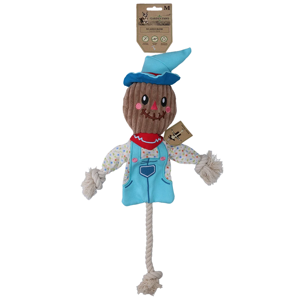 Jucărie de tras în formă de sperietoare, cu corp foșnitor și frânghie – Garden Paws Scarecrow Calvin Crow M - imagine 1