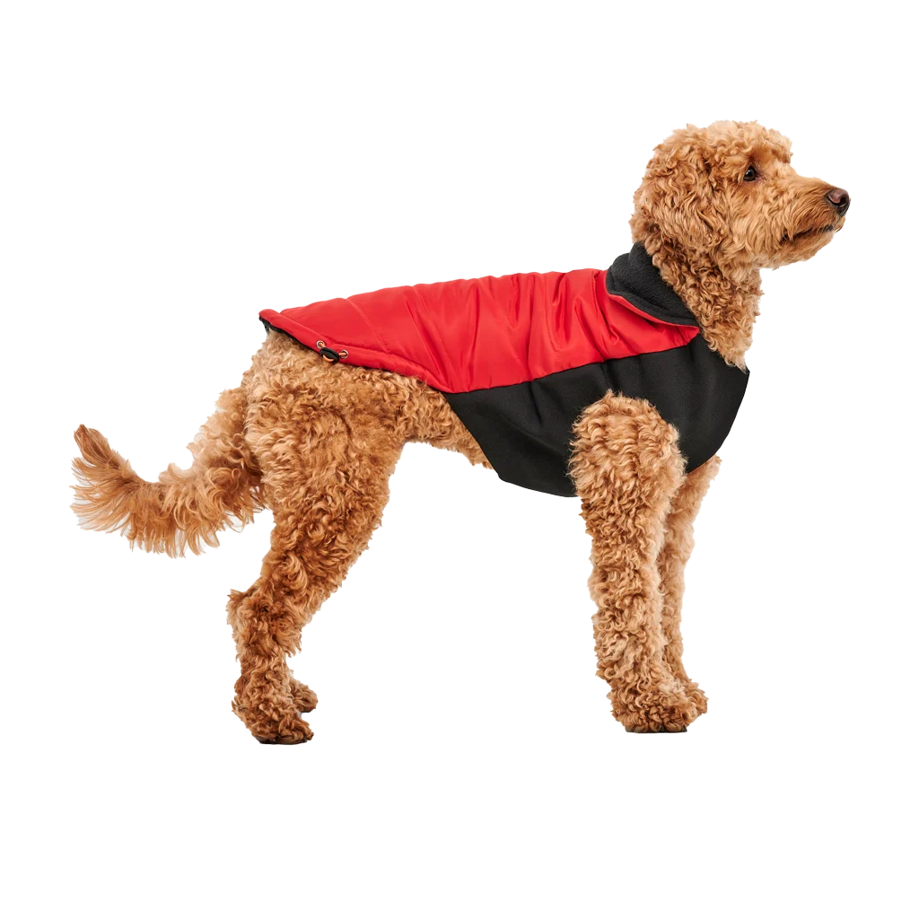 Haină pentru câini cu căptușeală din pluș și exterior hidrofug, mărimea XS, roșu și negru – Goo-eez Mock Neck Signature Wrap Jacket - imagine 1