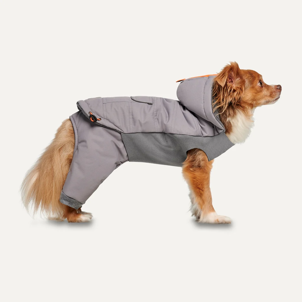 Costum de zăpadă pentru câini cu glugă, impermeabil, M, lungimea spatelui 45 cm, gri – Goo-eez Hooded Full Body Snowsuit - imagine 1