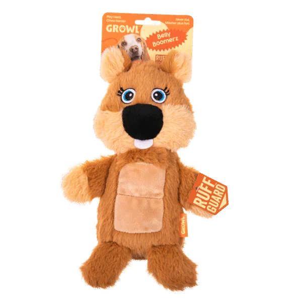 Jucărie de pluș pentru câini, castor, cu zonă cu chițăitoare și chițăitor – Growl Belly Boomerz Benny castorul