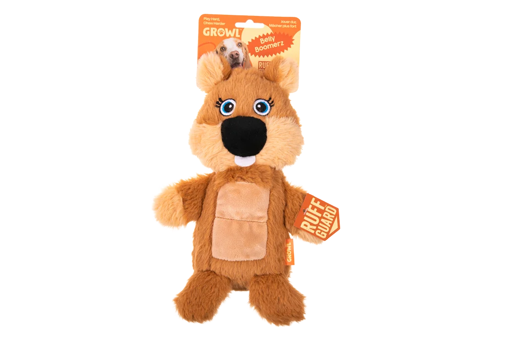 Jucărie de pluș pentru câini, castor, cu zonă cu chițăitoare și chițăitor – Growl Belly Boomerz Benny castorul - imagine 1