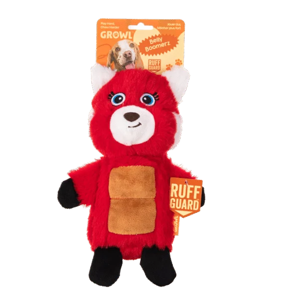 Jucărie de pluș pentru câini, Panda Roșu, cu panou care piuie și dispozitiv sonor – Growl Belly Boomerz Riley Panda Roșu