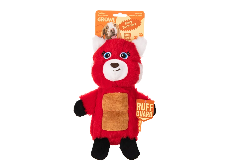 Jucărie de pluș pentru câini, Panda Roșu, cu panou care piuie și dispozitiv sonor – Growl Belly Boomerz Riley Panda Roșu - imagine 1