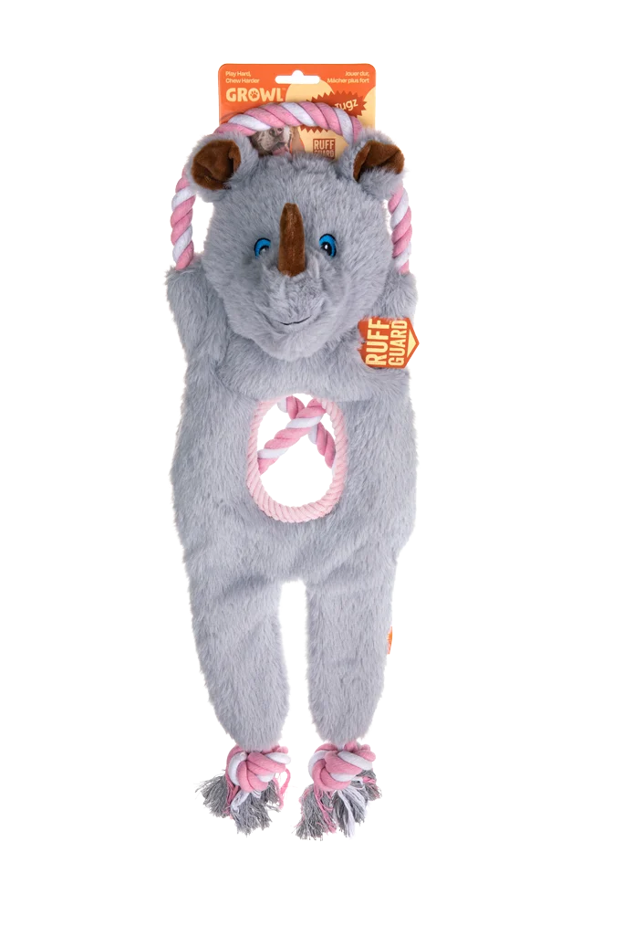 Jucărie de tras pentru câini, cu frânghie și două squeakere – Growl Jungle Tugz Rocky the Rhino - imagine 1