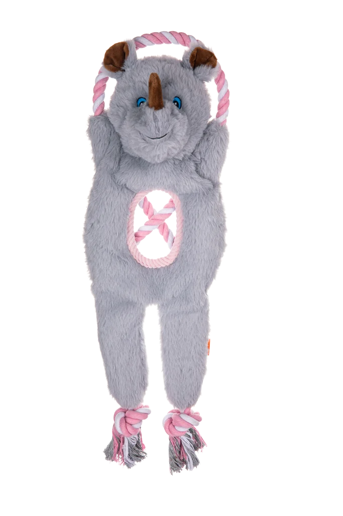 Jucărie de tras pentru câini, cu frânghie și două squeakere – Growl Jungle Tugz Rocky the Rhino - imagine 2