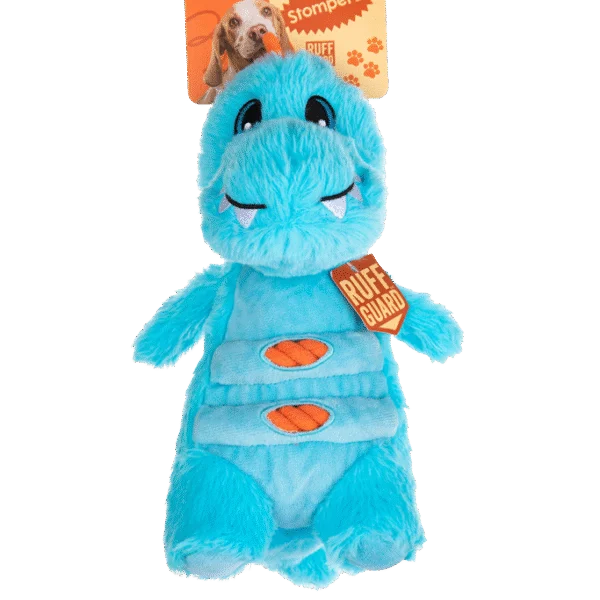 Jucărie de pluș pentru câini, cu frânghie și squeaker mare – Growl Stomperz Terry, Tyrannosaurus Rex albastru