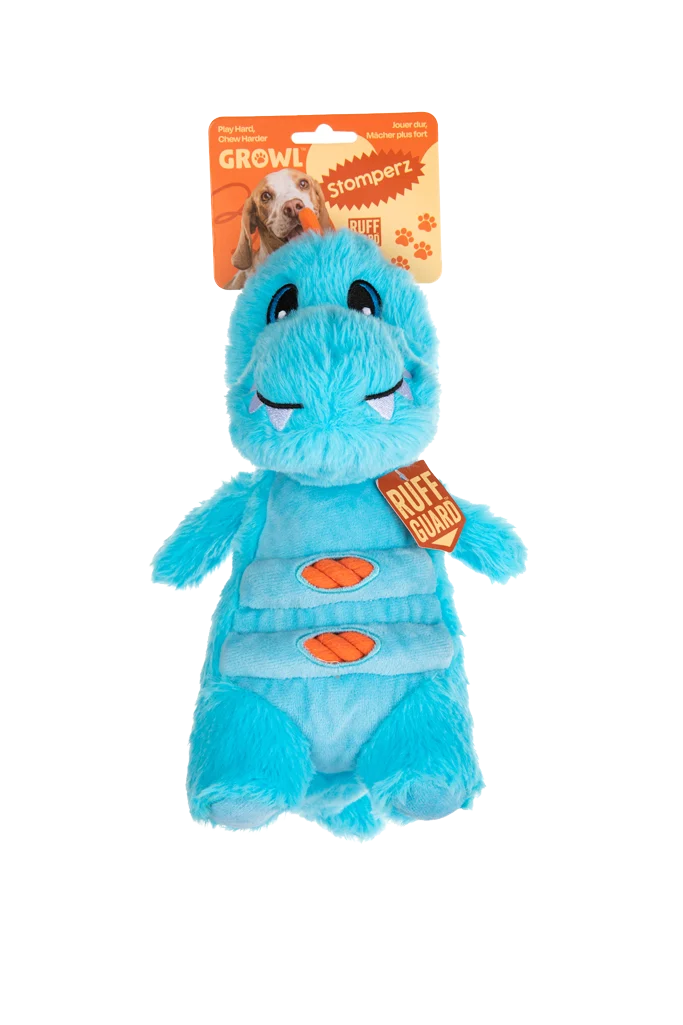Jucărie de pluș pentru câini, cu frânghie și squeaker mare – Growl Stomperz Terry, Tyrannosaurus Rex albastru - imagine 1