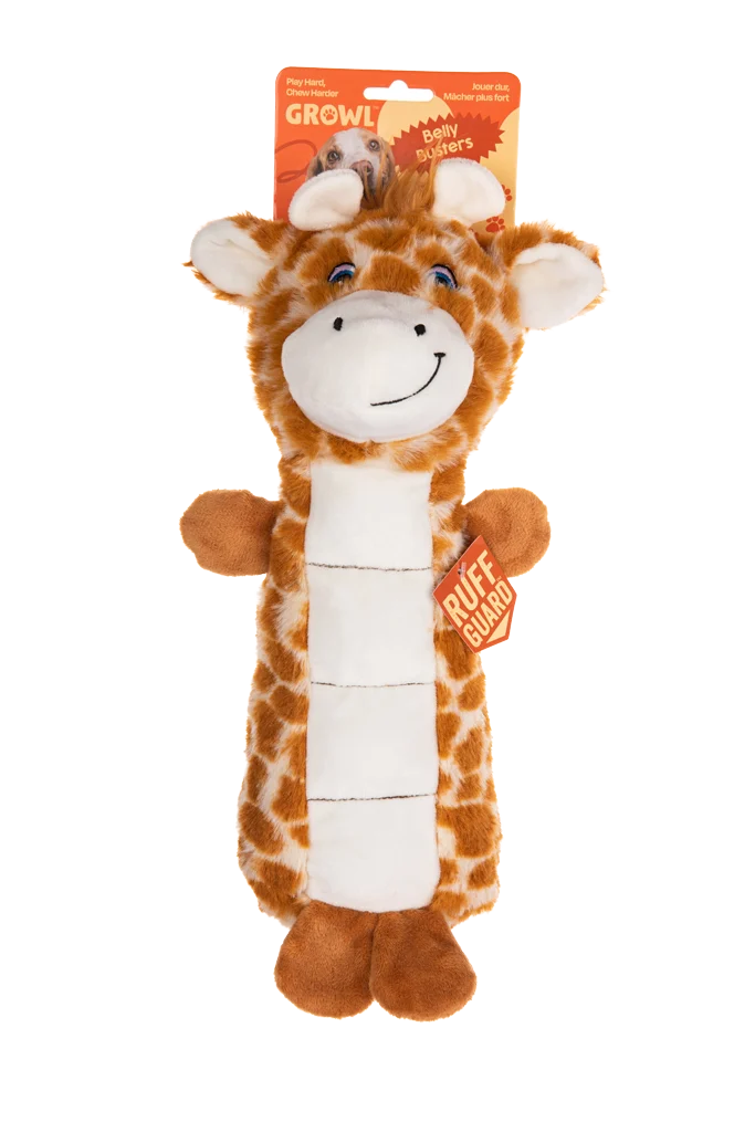 Jucărie de pluș pentru câini cu zonă cu chițăitoare și chițăitoare – Growl Belly Busters Ginny, girafa - imagine 1