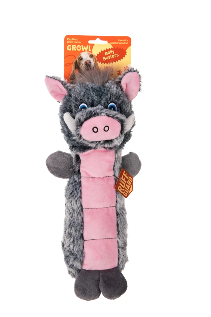 Jucărie de pluș pentru câini cu panou care chițăie și squeaker – Growl Belly Busters Wally, porcul - imagine 1
