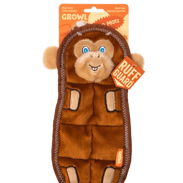 Jucărie de pluș plată pentru câini, cu 7 chițăitoare – Growl Zoo Matz Mildred the Monkey