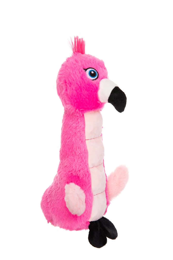 Jucărie de pluș pentru câini, flamingo, cu jucărie care piuie și chițăitoare – Growl Belly Burdz Fione, flamingoul - imagine 3
