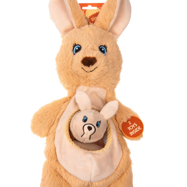 Jucărie de pluș pentru câini cu chițăitoare și 2 jucării ascunse – Growl Sidekicks Kanga Joey
