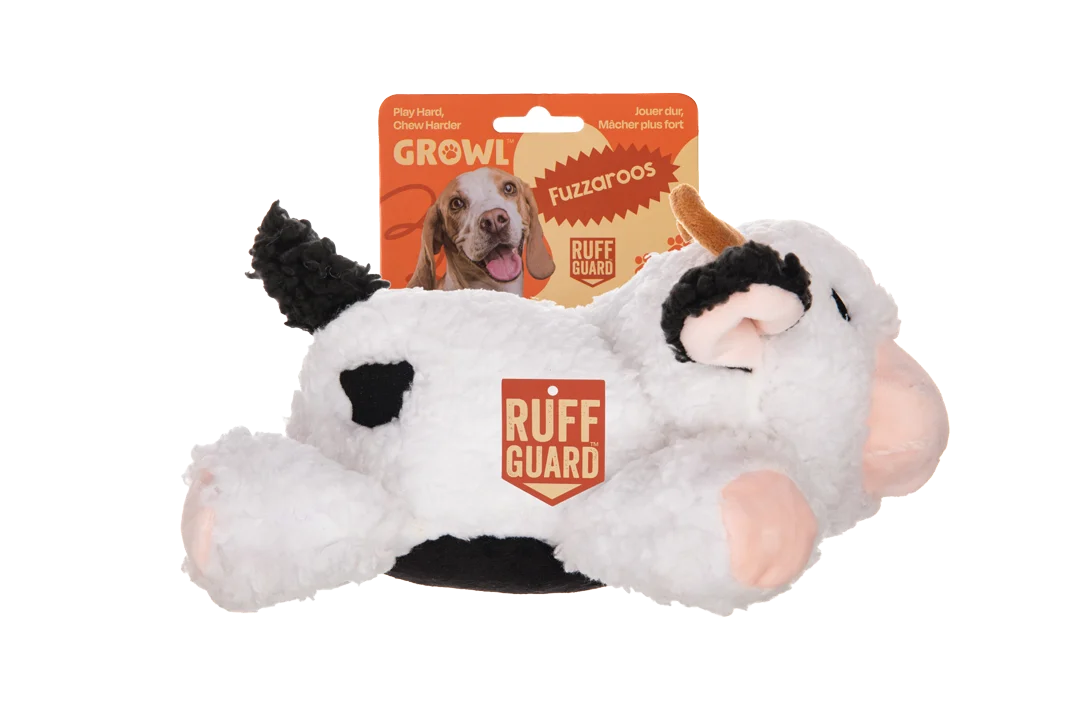 Jucărie de pluș pentru câini din pluș sherpa, cu chițăitoare mare – Growl Fuzzaroos Coco văcuța - imagine 1