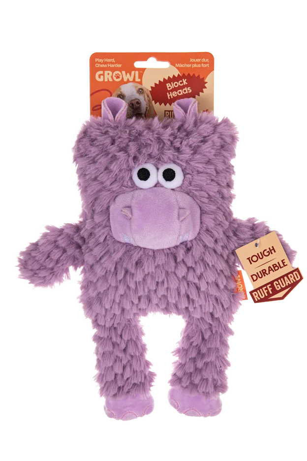 Jucărie de pluș pentru câini în formă de bloc și cu chițăitoare – Growl Block Heads Chompy hipopotamul - imagine 1