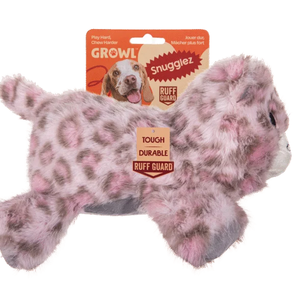 Jucărie de pluș pentru câini cu cusături rezistente – Growl Snugglez Sierra, leopardul zăpezilor