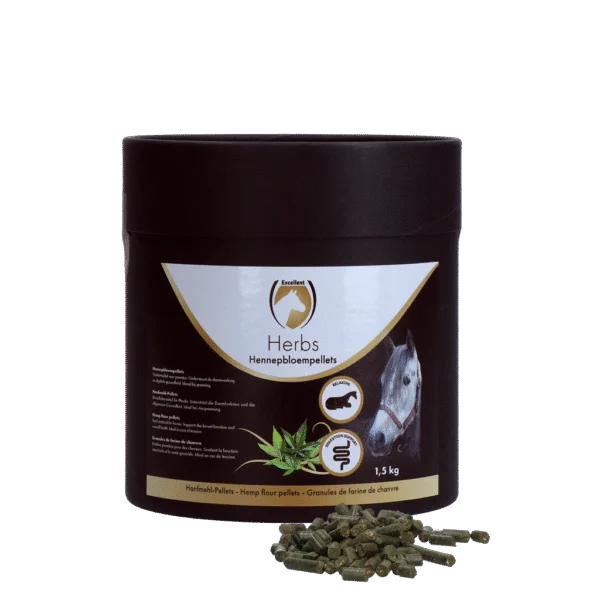 Pelete din floare de cânepă pentru cai, pentru susținerea funcției intestinale, 1,5 kg – Excellent Horse Herbs Hennepbloempellets