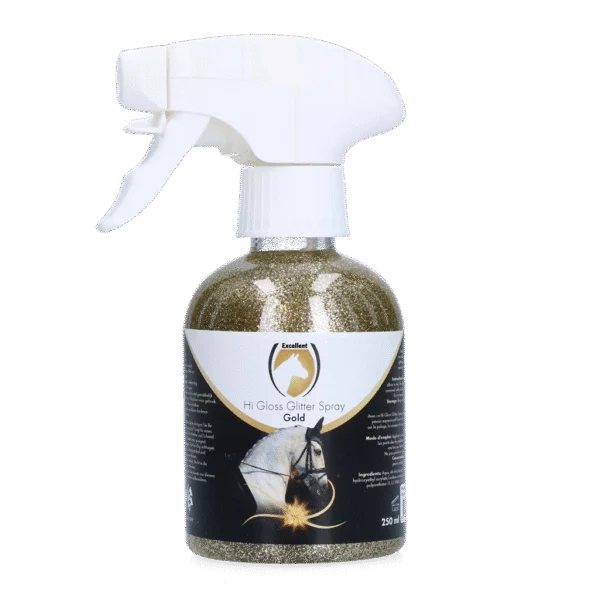 Spray cu sclipici pentru blană, coamă și coadă, 250 ml – Excellent Horse Hi Gloss Glitter Spray Gold