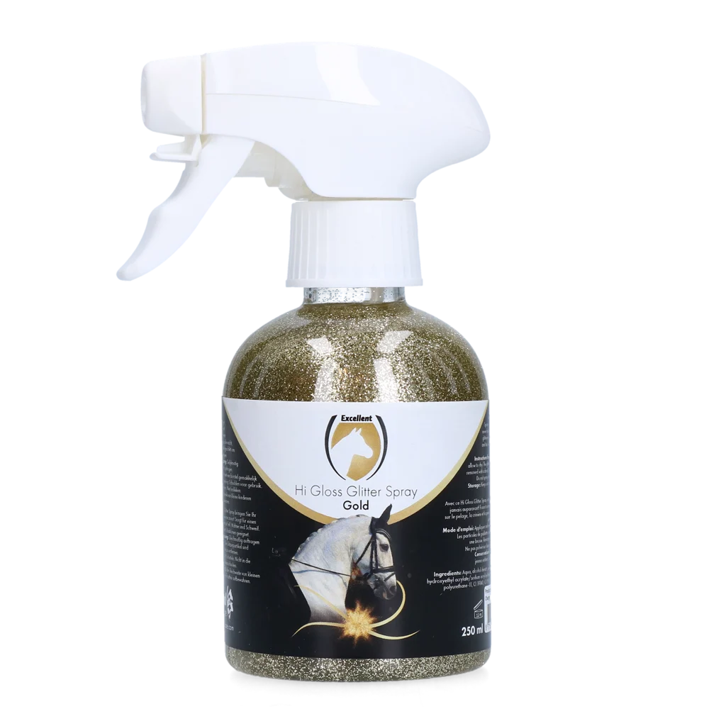 Spray cu sclipici pentru blană, coamă și coadă, 250 ml – Excellent Horse Hi Gloss Glitter Spray Gold - imagine 1