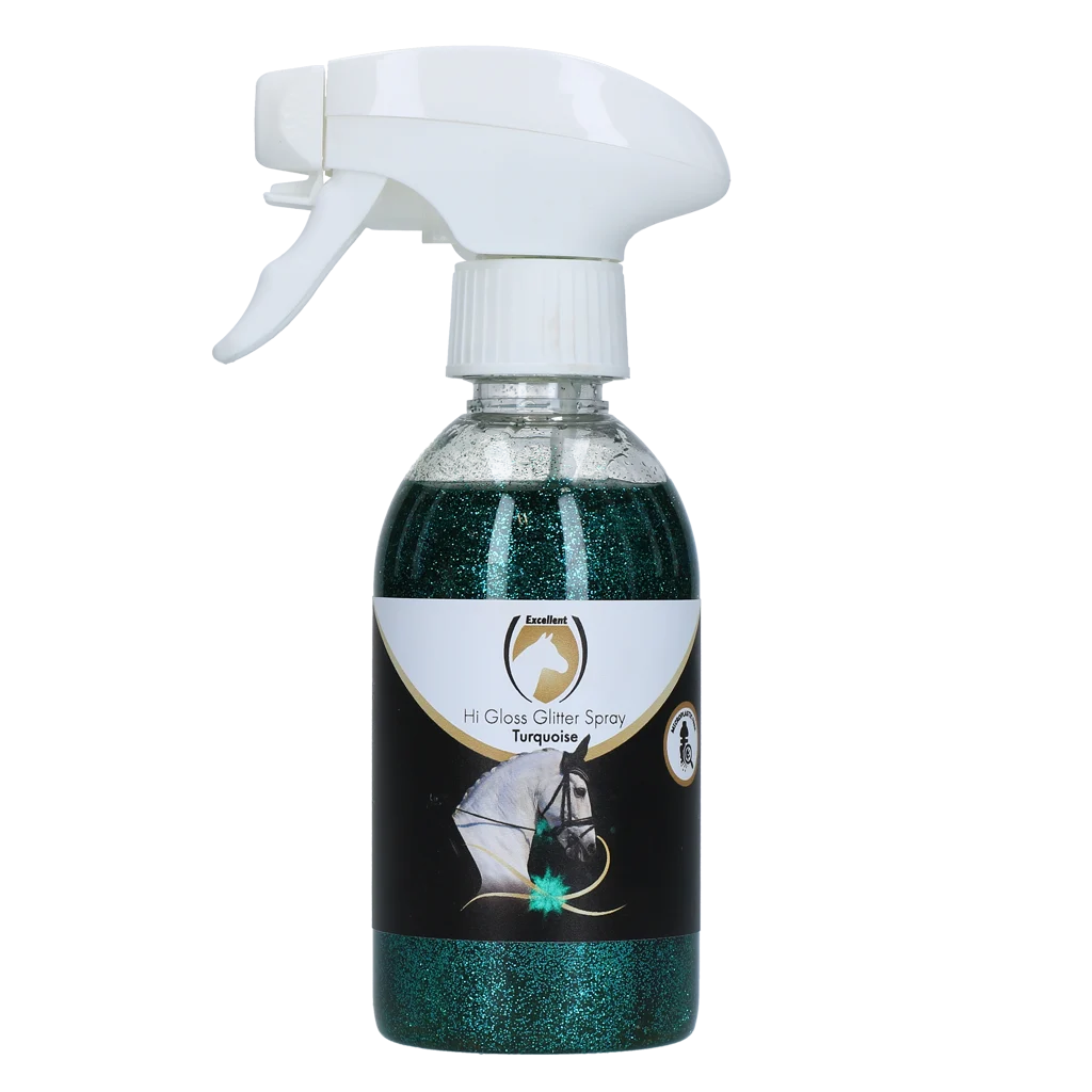 Spray cu sclipici pentru blană, coamă și coadă, 250 ml – Excellent Horse Hi Gloss Glitter Spray Turquoise - imagine 1
