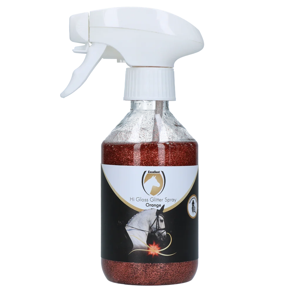 Spray cu sclipici pentru blană, coamă și coadă, 250 ml – Excellent Horse Hi Gloss Glitter Spray Orange - imagine 1