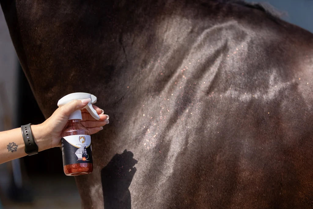 Spray cu sclipici pentru blană, coamă și coadă, 250 ml – Excellent Horse Hi Gloss Glitter Spray Orange - imagine 2
