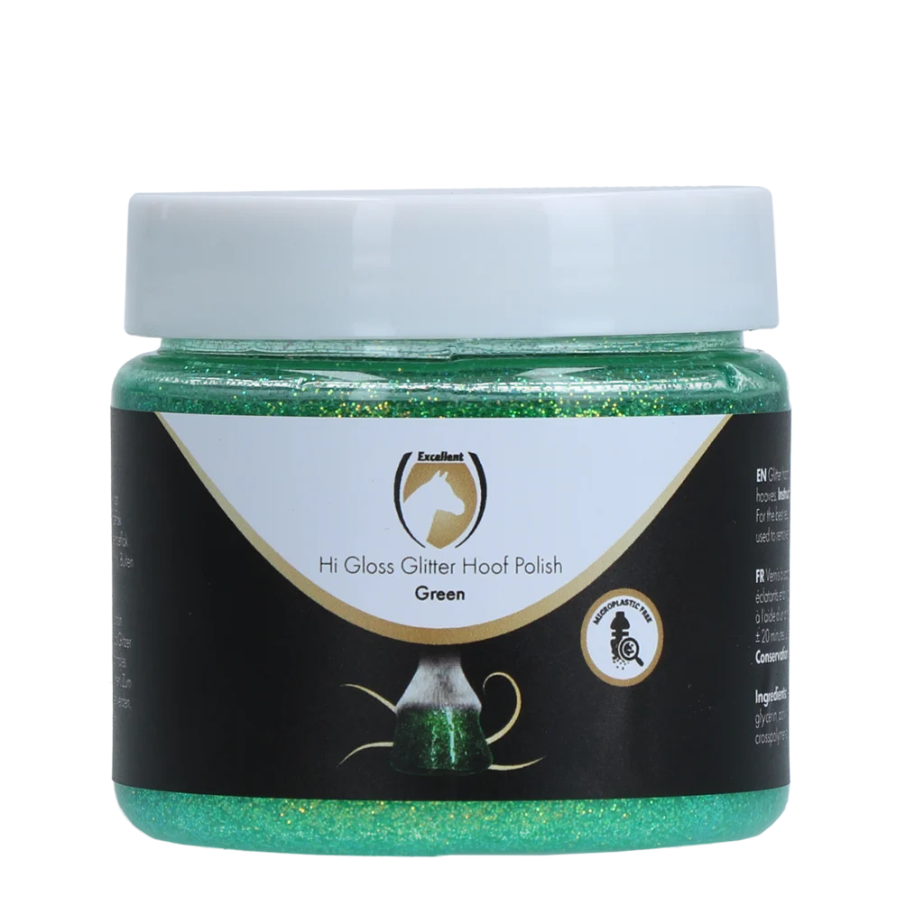 Lac cu sclipici verde pentru copite, 150 ml – Excellent Horse Hi Gloss Glitter Hoof Polish - imagine 1