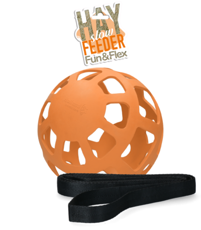 Minge pentru fân pentru cai din cauciuc natural, portocalie, diametru aprox. 22 cm – Hay Slow Feeder Fun & Flex