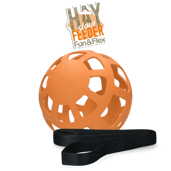 Minge pentru fân pentru cai din cauciuc natural, portocalie, diametru aprox. 22 cm – Hay Slow Feeder Fun & Flex