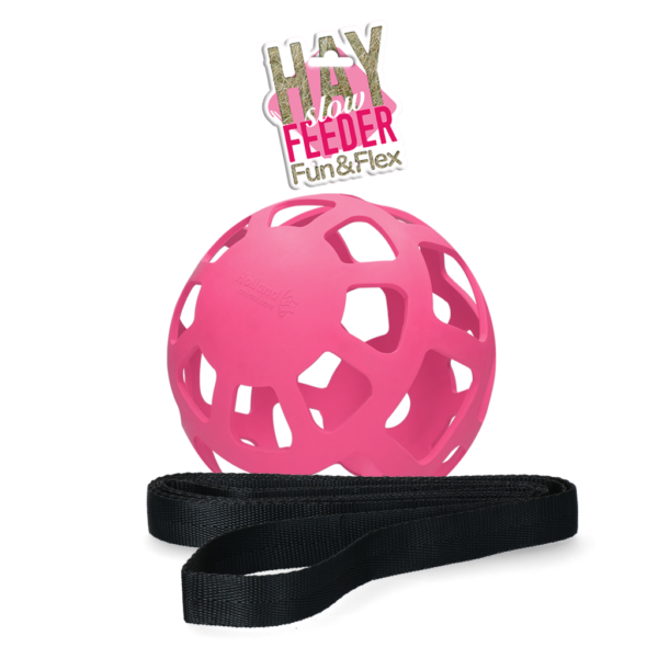 Minge pentru fân pentru cai, din cauciuc natural, roz, diametru aprox. 22 cm – Hay Slow Feeder Fun & Flex