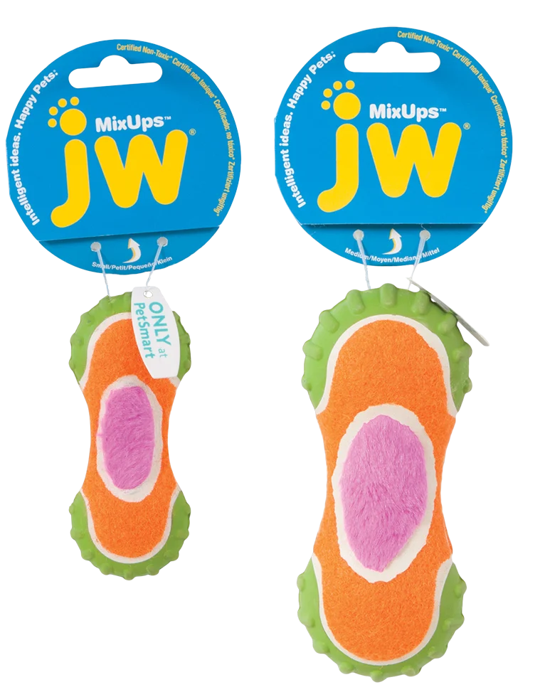 Jucărie pentru câini din pluș, cauciuc și material de minge de tenis, 10 cm – JW Mixups Ribbed Barbell S - imagine 2