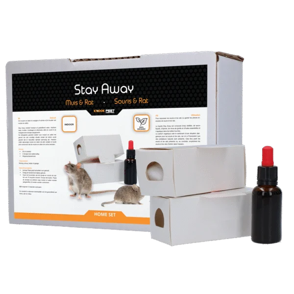 Set cu aromă împotriva șoarecilor și șobolanilor, lichid de 30 ml și 2 cutii – Knock Pest Stay Away Muis Home Set