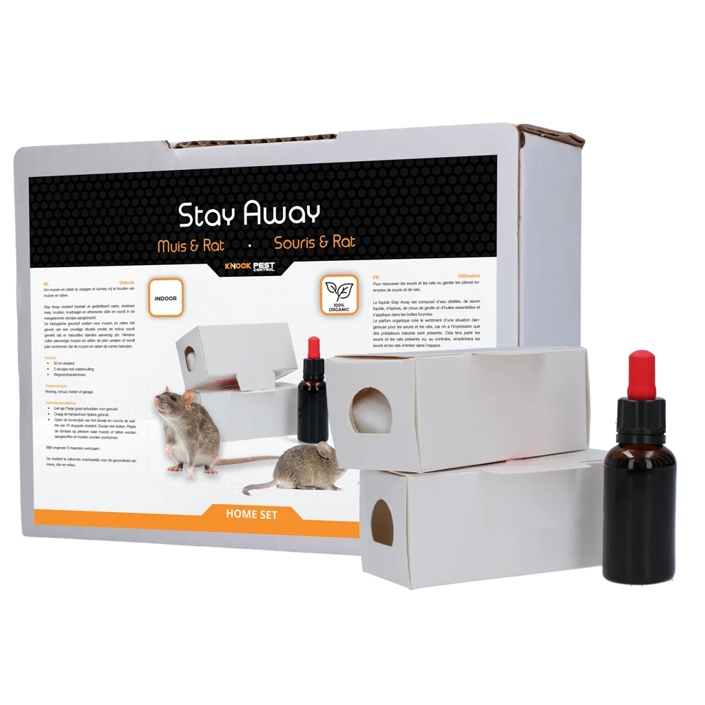 Set cu aromă împotriva șoarecilor și șobolanilor, lichid de 30 ml și 2 cutii – Knock Pest Stay Away Muis Home Set - imagine 1