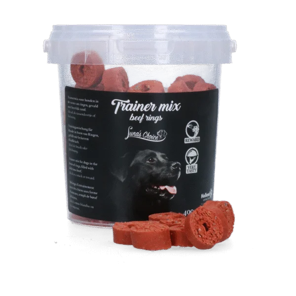 Recompense pentru dresaj cu vită, inele moi, 400 g – Luna's Choice Trainer Mix inele cu vită