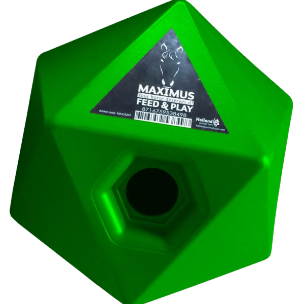 Cub interactiv de hrănire pentru cai, cu deschizătură pentru recompense de 37 mm, verde – Maximus Feed & Play Cube