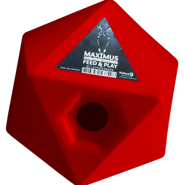 Cub pentru hrană pentru cai, roșu, orificiu pentru recompense de 37 mm – Maximus Feed & Play Cube