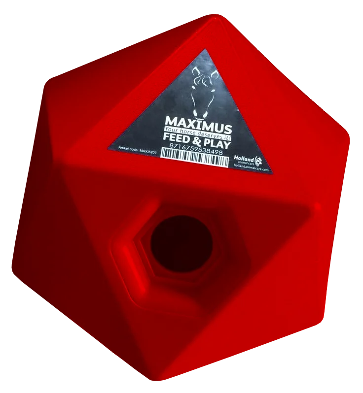 Cub pentru hrană pentru cai, roșu, orificiu pentru recompense de 37 mm – Maximus Feed & Play Cube - imagine 1