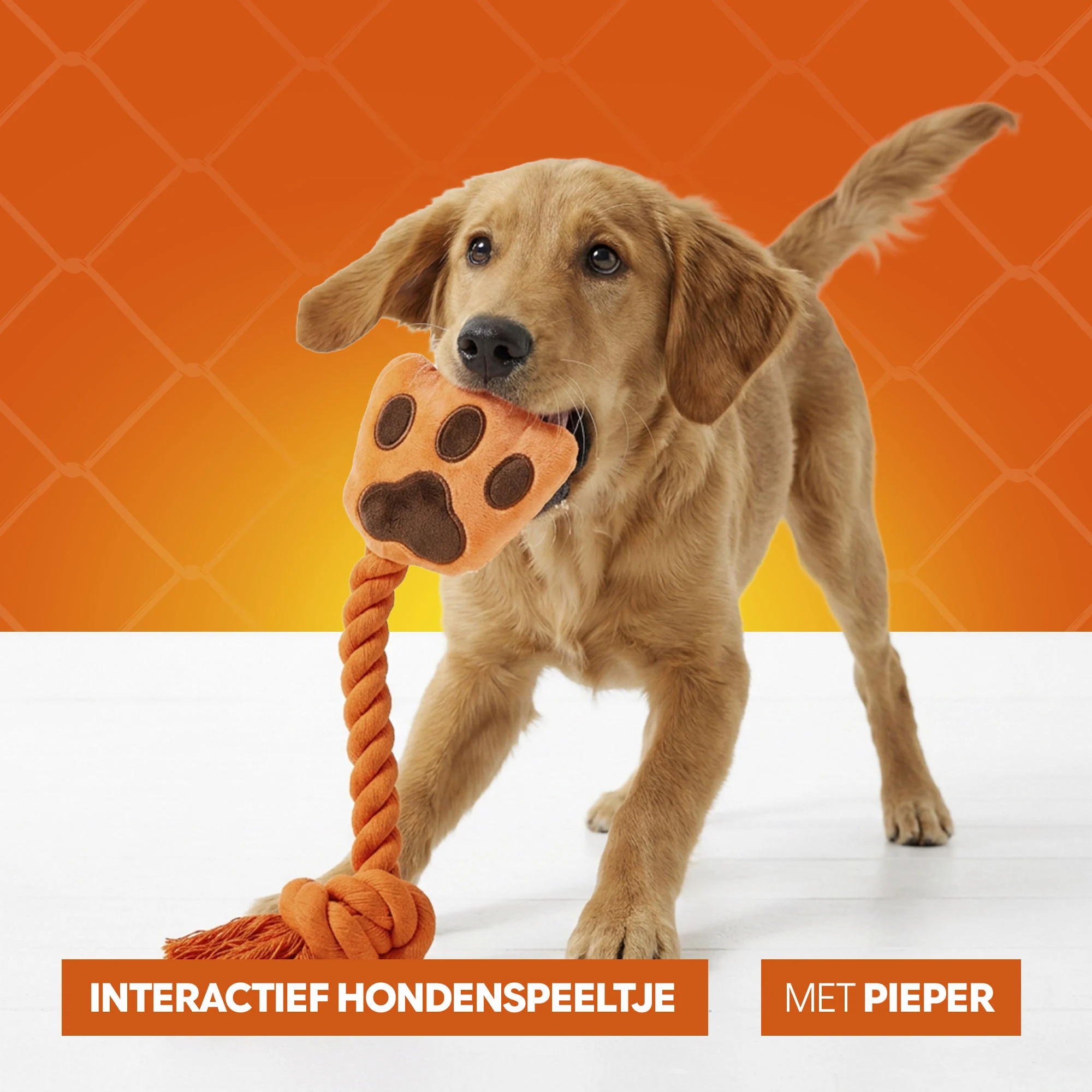 Jucărie de tras pentru câini, în formă de mână, cu frânghie din bumbac și piuitor – Holland Oranje High Five - imagine 6